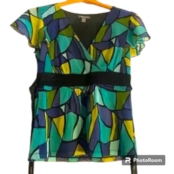 Apt 9 Women's Y2K Petite Geometric Pattern V Neck blouse multicolor size PM - Picture 3 of 3
